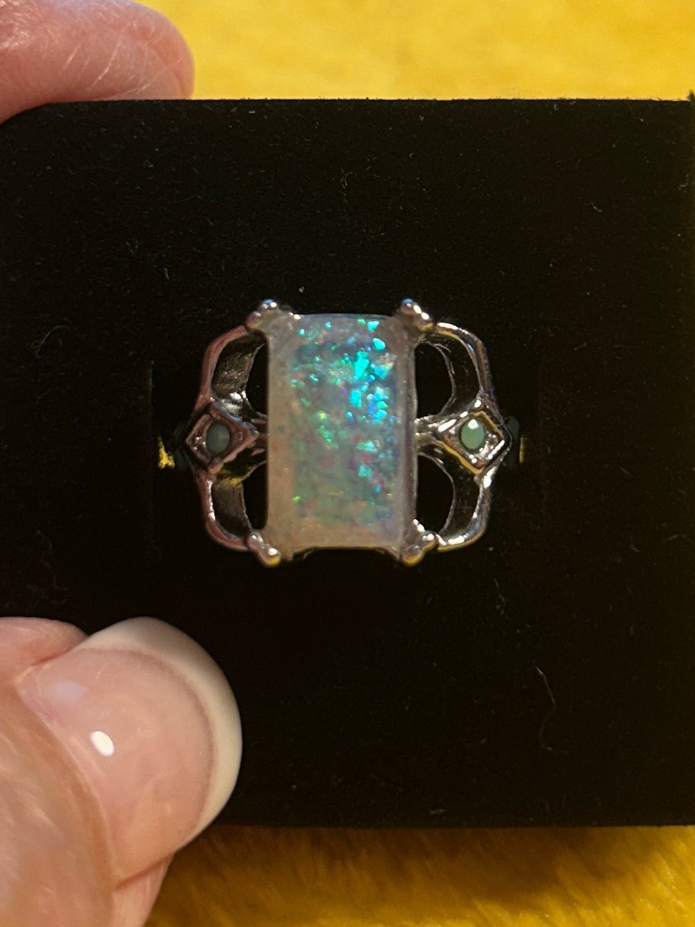 Silver Fire Opal Statement Ring - Iridescent Blue-Green Sz 7